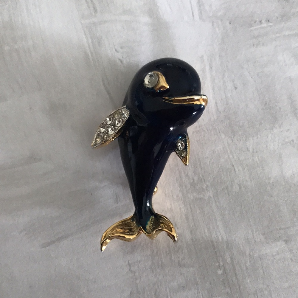 Vintage Dolphin Brooch / Pin; Blue Enamel & Pave Crystals; Gold Tone